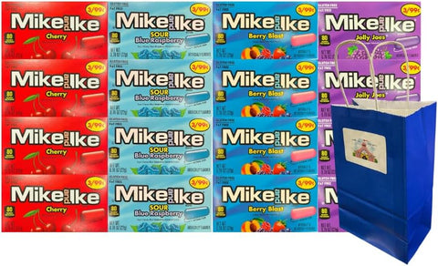 Variety Pack Mike and Ike Candy Assortment 16 Pack, Sour Blue Raspberry, Jolly Joes, Cherry, Berry Blast, 0.78 oz Each, Includes Blue Paper Gift Bag 5.25x3.2x8 in, Bulk Fruit Flavored Candy