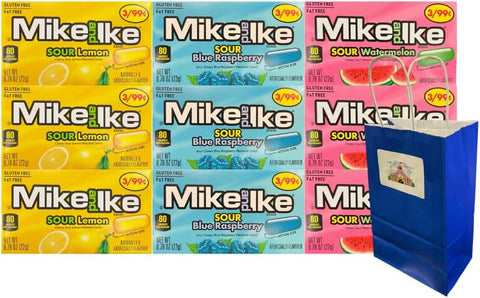 Variety Pack Mike and Ike Candy 9 Count Sour Flavors Blue Raspberry Watermelon Lemon 0.78 Oz Each with Blue Paper Gift Bag 5.25x3.2x8 Inch, Candy Party Favor Snack Treats