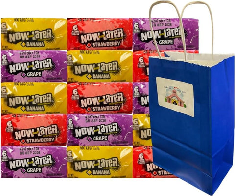 Variety Pack Now and Later Candy 15 Count Individually Wrapped Pieces 0.93 oz Each with Blue Paper Gift Bag 5.25x3.2x8 Inch – Assorted Chewy Candy for Parties, Gifts, Treat Bags, Events