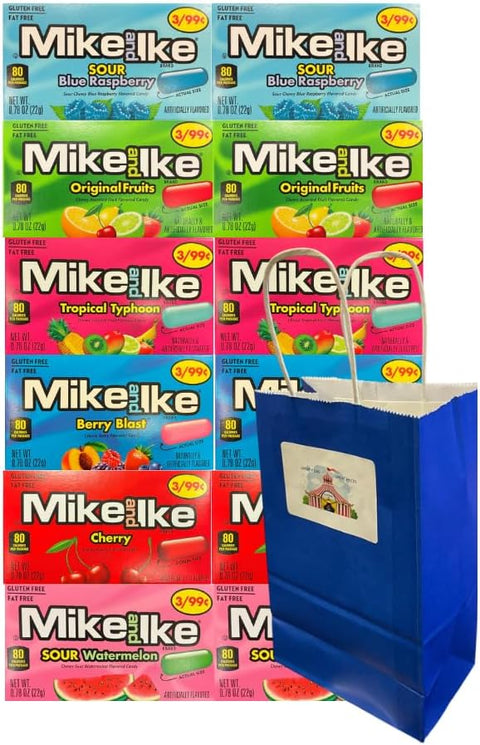 Variety Pack Mike and Ike Candy, 12 Pack, 2 Each Flavor, Sour Blue Raspberry, Tropical Typhoon, Original Fruits, Berry Blast, Cherry, Sour Watermelon, 0.78 Oz, Blue Paper Bag, 5.25x3.2x8 Inch