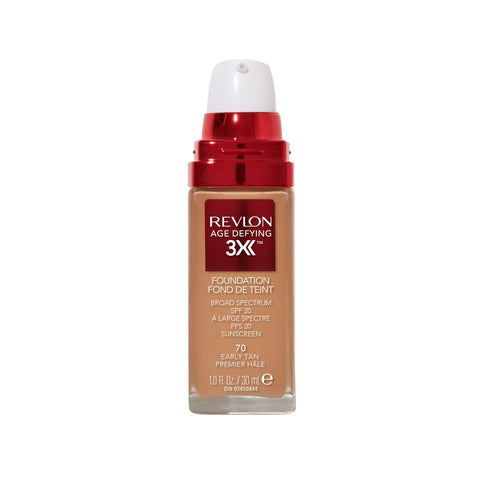 Revlon Liquid Foundation, Age Defying 3XFace Makeup, Anti-Aging and Firming Formula, SPF 30, Longwear Medium Buildable Coverage with Natural Finish, 070 Early Tan, 1 Fl Oz