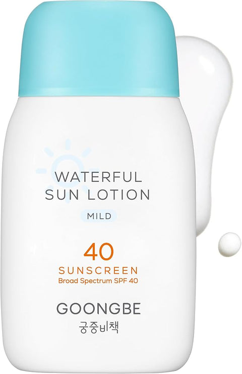 Goongbe Waterful Sun Lotion Mild SPF 40 - Zinc Oxide Water Resistant Mineral Sunscreen for Babies, Kids & Adults - Hypoallergenic, Vegan, Reef-Safe - Korean Sun Care for Sensitive Skin, 2.82 fl.oz.
