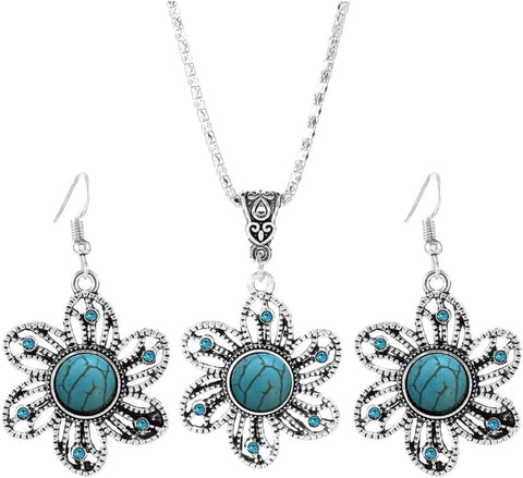 BIG TOP DEALS USA Elegant Silver Blue Stone Turquoise Hollow Flower Earring Necklace Set – Women’s Boho Vintage Jewelry for Weddings, Parties & Everyday Wear