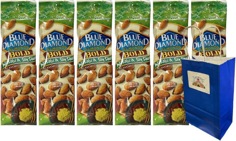 Snack Pack Diamond Almonds Wasabi & Soy Sauce 1.5oz Bags 6 Count Plus Blue Gift Paper Bag 5.25x3.2x8 – Savory Spicy Protein Snack – On-the-Go Healthy Crunchy Nut Pack