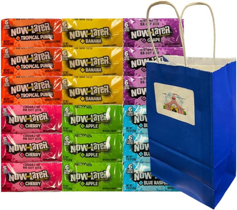 Variety Pack Now and Later Candy with Blue Paper Gift Bag, 18 Individually Wrapped Pieces, 6 Flavors, 0.93 oz, Assorted Fruit Chews, Bulk Candy, Party Favor, Classroom Treats