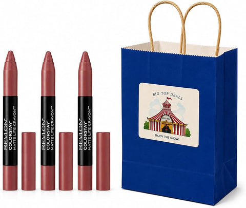 3-Piece Matte Lip Crayon Gift Set - Revlon Neutral Ruffled Feathers Shade, Long Lasting Velvet Lipstick Makeup Bundle for Women, White Elephant Office Party Game Prize & Secret Santa Stocking Stuffer