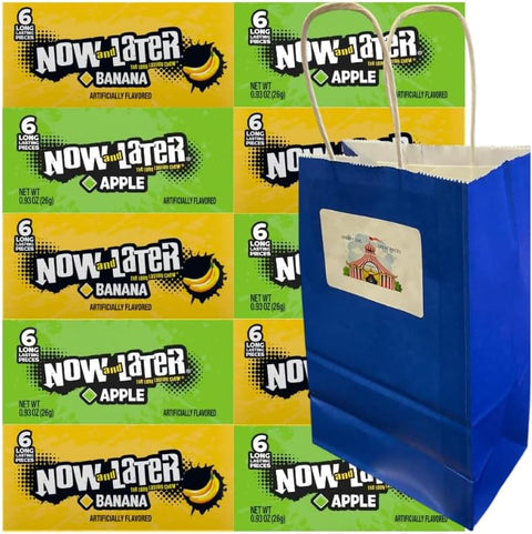Variety Pack Now and Later Chewy Candy, 10 Individually Wrapped Pieces, Long-Lasting Party Candy in Apple & Banana, Includes Blue Paper Gift Bag, Perfect for Snacking, Gifting & Events