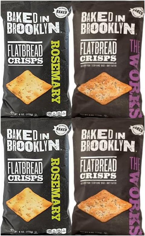 Variety Pack Flatbread Crisps Baked in Brooklyn, 2 Flavors: Rosemary and The Works, 2 Each Flavor, 6 oz, 4 Pack - Perfect for Parties, Appetizers, and On-the-Go - Crispy, Delicious, and Healthy