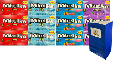 Variety Pack Mike and Ike Candy, Sour Blue Raspberry, Jolly Joes, Cherry, Berry Blast, 3 Each Flavor, 0.78 Oz Snack Size, Bulk 12 Pack with Blue Paper Bag 5.25x3.2x8 Inch