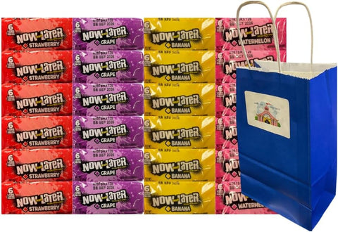 Variety Pack Now and Later 24 Count Individually Wrapped Candy – Banana, Grape, Watermelon, Strawberry – Includes Reusable 5.25x3.2x8 Inch Blue Gift Bag – 0.93 oz Each