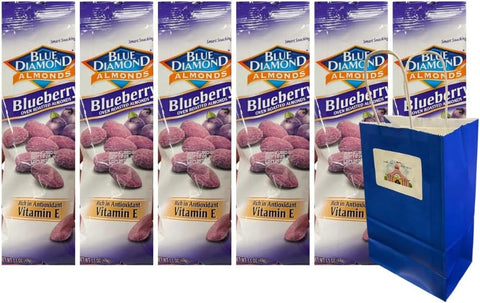 Snack Pack Diamond Almonds 6 Count, Blueberry Flavored Roasted Almonds 1.5oz Each, Includes Blue Paper Gift Bag, Healthy On-the-Go Protein Snack, Gluten Free