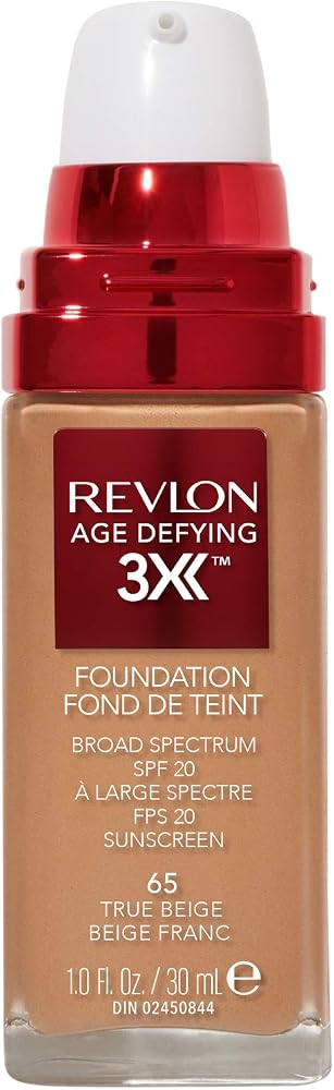 Revlon Age Defying 3X Makeup Foundation, Firming, Lifting and Anti-Aging Medium, Buildable Coverage with Natural Finish SPF 20, 065 True Beige, 1 fl oz