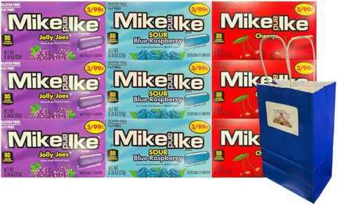 Variety Pack Mike and Ike Candy 9 Count - Sour Blue Raspberry, Jolly Joes, Cherry - Chewy Fruity Candy - Individually Wrapped 0.78 oz - Blue Gift Bag 5.25x3.2x8 in - Party Favors, Treats