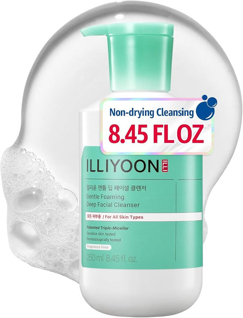Illiyoon Gentle Deep Facial Cleanser | Low pH Gel-to-Foam Face Wash for Sensitive Skin, Hydrating Gel Cleanser & Daily Makeup Remover, Korean Skincare, 8.45 fl.oz.