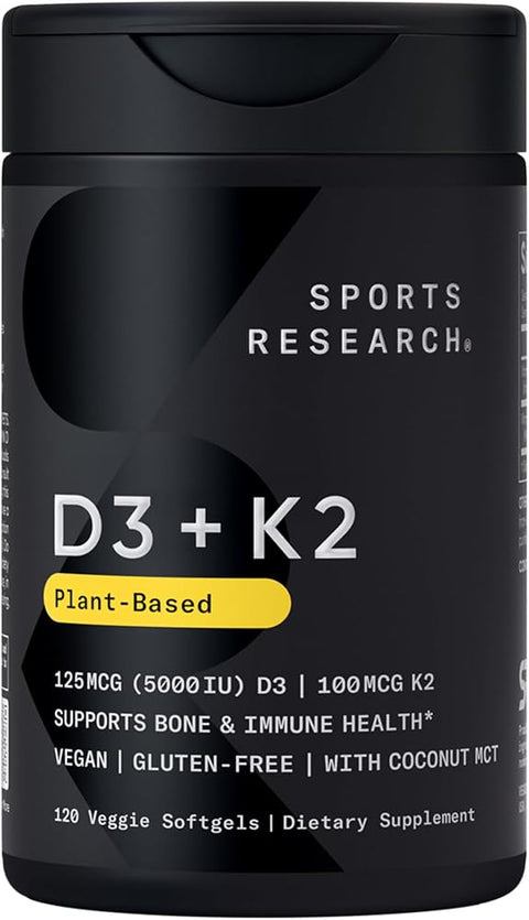Sports Research® Vegan Vitamin D3 + K2 w/Coconut Oil, 120 Count Plantgels™ - Personal Care