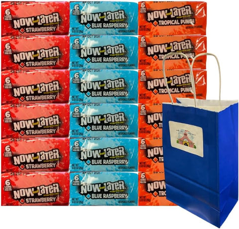 Variety Pack Now and Later Fruit Candy, 18 Count - 6 Each of Strawberry, Tropical Punch, Blue Raspberry - Long Lasting Fruity Taffy With Blue Paper Gift Bag, Individually Wrapped