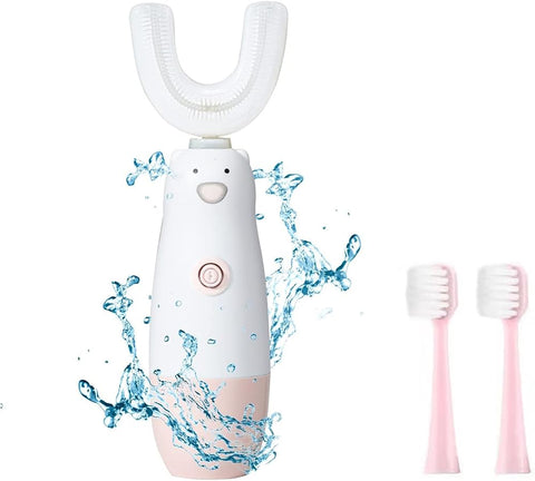Meqtpomy Kids Electric Toothbrush,U Shaped Toothbrush Waterproof Battery Powered 360 Automatic Sonic Toddler Toothbrushes for 8-13 Years Old for Boys Girls,with 2 Replacement Brush Heads(Pink)