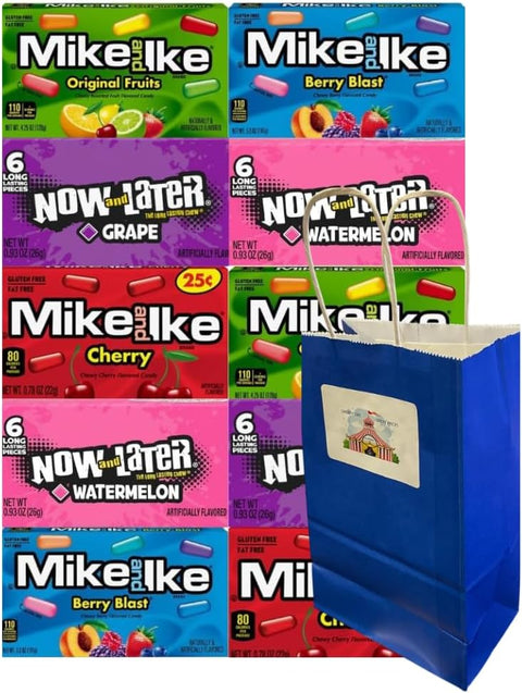 Assorted Candy Mix 10-Pack – Includes Mike and Ike & Now and Later, Individually Wrapped, 2 of Each Flavor: Cherry, Grape, Original Fruits, Watermelon & Berry Blast, Blue Paper Bag 5.25x3.2x8 Inch