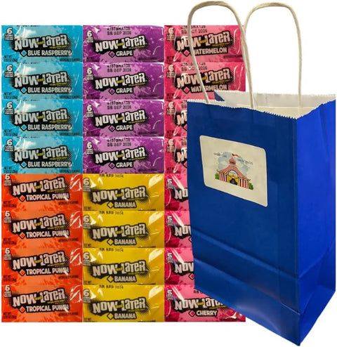 Variety Pack Now and Later Candy – 24 Count | Individually Wrapped Fruit Flavors | Grape, Watermelon, Cherry, Blue Raspberry, Tropical Punch, Banana | Includes Blue Paper Bag
