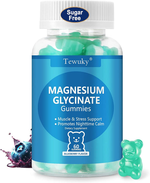 Magnesium Glycinate Gummies 500mg, Sugar-Free for Adults & Kids, Magnesium Gummies for Sleep, Stress & Muscle Relief, Supports Bone & Nerve Health, Vegan, Pectin-Based, 60 Count, Blueberry Flavor