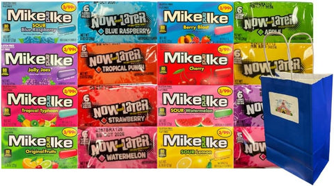 Assorted Candy Mix 16 Pack – 8 Flavors of Mike and Ike & 8 Flavors of Now and Later with Blue Paper Bag – 5.25x3.2x8 Inch, Perfect for Sharing, Gift Bags, Parties, and Snacking