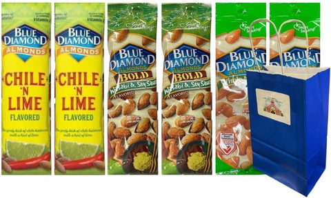 Variety Pack Diamond Almonds 6-Pack – 1.5 oz Bags – Includes Whole Natural, Wasabi & Soy Sauce, Chile 'n Lime – 2 Each Flavor – with 5.25x3.2x8 Blue Paper Gift Bag – Snack Size Nuts On-the-Go