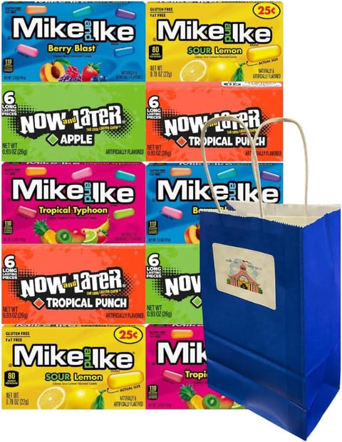 Assorted Candy Mix 10-Pack, Mike and Ike & Now and Later, Individually Wrapped, Includes 2 Each Flavor: Tropical Typhoon, Apple, Berry Blast, Tropical Punch & Sour Lemon, Blue Paper Bag