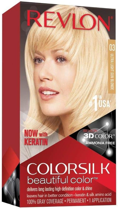 Revlon Permanent Hair Color, Permanent Hair Dye, Colorsilk with 100% Gray Coverage, Ammonia-Free, Keratin and Amino Acids, 03 Ultra Light Sun Blonde, 4.4 Oz (Pack of 1)