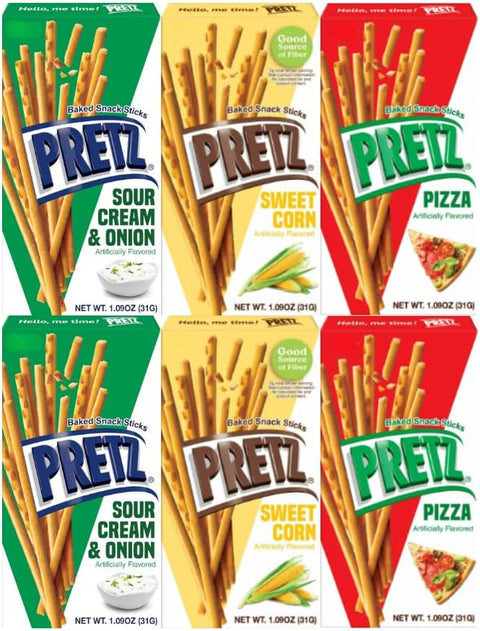 Variety Pack Pretzel Sticks, Sour Cream & Onion, Sweet Corn, Pizza, 2 Each Flavor, 1.09 oz Individual Packs, 6-Count Box - Perfect for Snacking, Parties, and Gifting