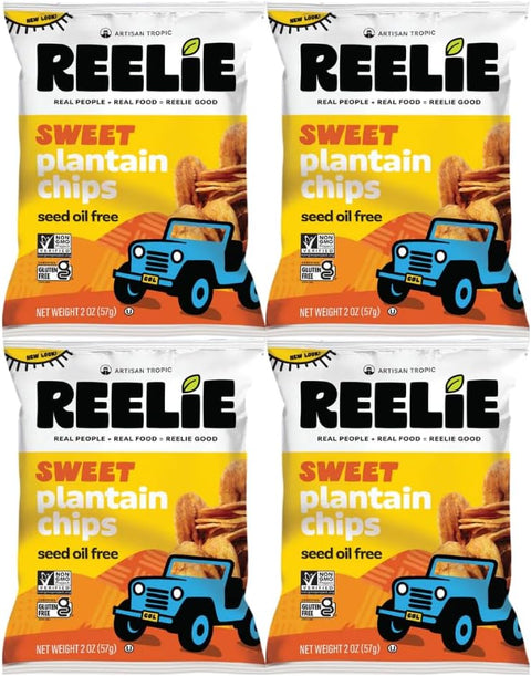 Plantain Chips Reelie, Sweet Flavor, 2 oz Bags, 4 Pack, Gluten Free Snack, Crunchy Plant-Based, Non-GMO