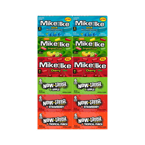 Assorted Candy Mix Variety Pack, 3 Flavors of Mike and Ike & 3 Flavors of Now and Later, Fruity Chewy Candies in Individual Packs, Bulk 12 Pack for Snacking, Sharing, and Parties