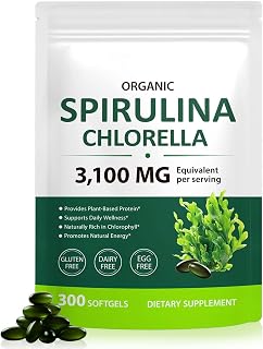 Tiuedu Spirulina Chlorella Softgels 300 Capsules, 17 in 1 Green Nutrient Blend Spirulina Chlorella Softgels,Rich in Plant Protein, Vitamins, Chlorophyll, Easy to Take Softgel