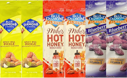 Diamond Almonds Variety Pack, Hot Honey, Spicy Dill Pickle & Blueberry Flavored Almonds, 1.5 oz Each, 6 Pack