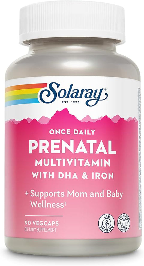 SOLARAY Once Daily Prenatal Multivitamin with DHA & Iron, Prenatal Vitamins and Minerals for Expectant Mothers, Easy Morning Herbal Blend & Whole Food Base, Lab Verified, 90 Servings, 90 VegCaps