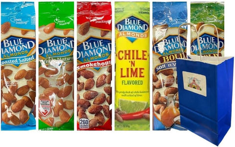 Variety Pack Diamond Almonds 6 Flavors Roasted Salted Chile 'n Lime Whole Natural Wasabi Soy Sauce Smokehouse Salt 'n Vinegar 1.5oz 6-Pack with 5.25x3.2x8 Blue Paper Gift Bag for Gifting