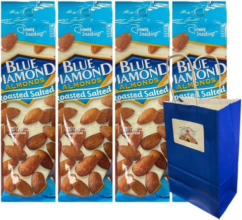 Snack Pack Diamond Roasted Salted Almonds 1.5 oz Bags 4-Pack with Blue Paper Gift Bag | On-the-Go Healthy Snack | Non-GMO Kosher Certified California Almonds for Travel, Office, Gifting