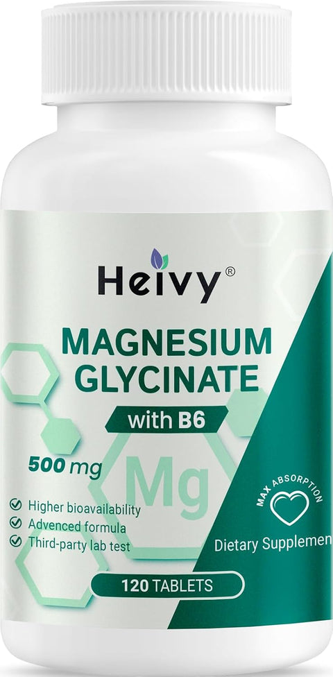 Heivy Pure Magnesium Glycinate 500mg, 120 Tablets Made in USA