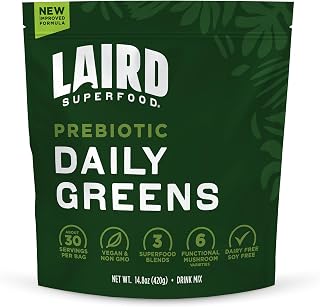 Laird Superfood Prebiotic Daily Greens Powder – Essential Vitamins & Minerals - Prebiotic Fiber, Adaptogen and Fruits & Vegetables – Supports Gut Health – Non-GMO, Vegan - 14.8 oz Bag, Pack of 1