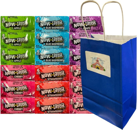 Variety Pack Now and Later Candy, 18 Count, Individually Wrapped Chews, 6 Fruity Flavors, 0.93 oz with Blue Paper Gift Bag 5.25x3.2x8 inch, Party Favors, Snacks, Bulk Pack