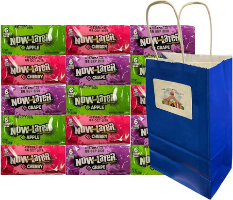 Variety Pack Now and Later Candy – 15 Count – 5 Each of Grape, Apple, Cherry – 0.93 oz Chews – Includes 5.25x3.2x8 Inch Blue Gift Paper Bag – Fruit Flavored Individually Wrapped Candy - Snacks - Food