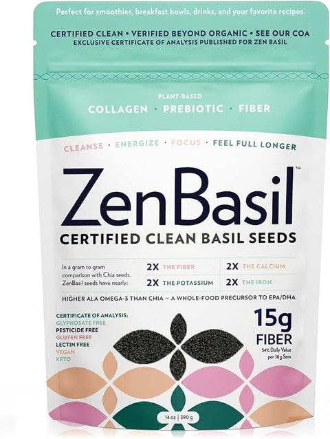 Zen Basil Seeds | edible basil seeds, kosher, non-gmo, lectin free, gluten free, plant based, keto, paleo, vegan | 15g fiber per/serv | 14oz | more fiber than chia seeds | prebiotic