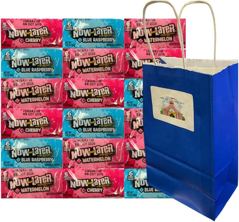 Variety Pack Now and Later Candy – 18 Individually Wrapped Pieces, 6 Each of Cherry, Blue Raspberry & Watermelon Flavors, 0.93 oz, Perfect for Parties, Snacks, and Sharing, Blue Paper Bag 5.25x3.2x8 Inch