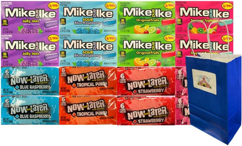 Assorted Candy Mix 16 Pack – 4 Mike and Ike & 4 Now and Later Flavors – 2 Each – – Fruity Chewy Candy Variety with Blue Paper Bag 5.25x3.2x8