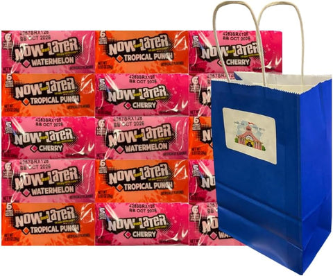 Variety Pack Now and Later Candy – 15 Wrapped Pieces, Assorted Flavors (Cherry, Tropical Punch, Watermelon), Long-Lasting Fruit Candy with Blue Treat Paper Bag, 0.93 oz Pack for Party Favors