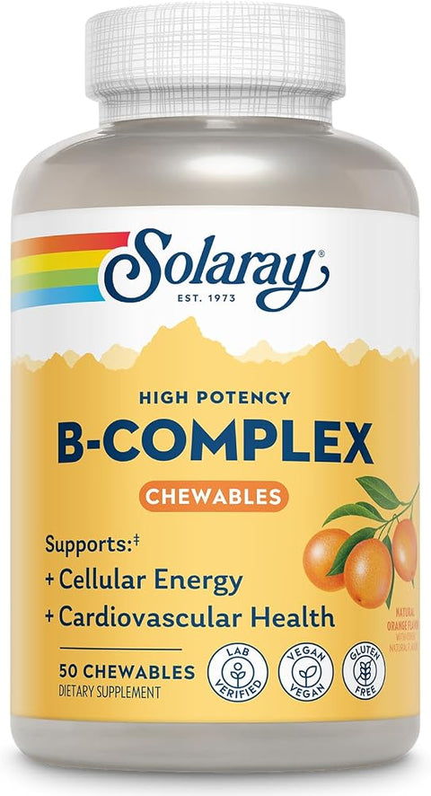SOLARAY Vitamin B Complex Orange Chewables - High Potency B Complex Vitamins w/VIT B12, B6, B2, Biotin, Folic Acid, Vitamin C, Cellular Energy, Cardiovascular Support, Vegan, Gluten Free, 50 Servings