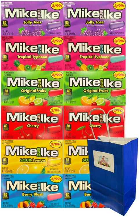 Variety Pack Mike and Ike Chewy Candy – 12 Pack – Includes 2 Each of Original Fruits, Tropical Typhoon, Sour Lemon, Cherry, Berry Blast, Jolly Joes – 0.78 oz Boxes + Blue Paper Gift Bag