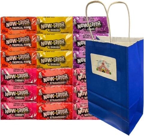 Variety Pack Now and Later Chewy 18-Count – 3 Each of Grape, Cherry, Banana, Strawberry, Watermelon, Tropical Punch – Includes Bonus 5.25x3.2x8 Blue Paper Gift Bag for Gifting