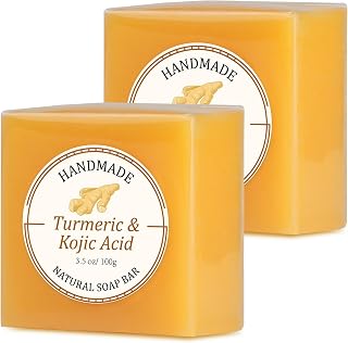 Kojic Acid Turmeric Soap Bar with Foaming Net, 2 Bars Dark Spot Soap for Face & Body, Brightening Cleansing Bar with Vitamin C & Tea Tree Oil for Uneven Skin Tone