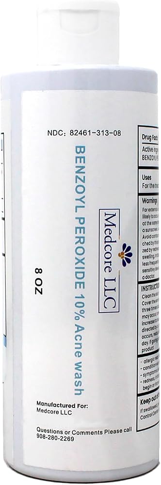 Medcore Benzoyl Peroxide 10% Acne Wash, Maximum Strength Cleansing Wash, Daily Facial and Body Cleanser, 8 Oz - Personal Care