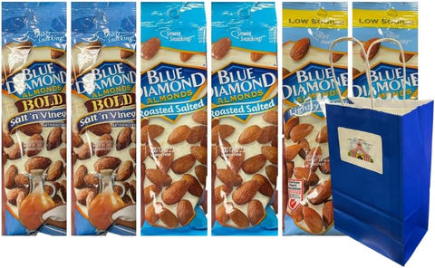 Variety Snack Pack Diamond Almonds – 6 Pack of 1.5 oz Bags with 3 Flavors – Roasted Salted, Salt 'n Vinegar, Lightly Salted – Includes 5.25x3.2x8 Blue Paper Gift Bag – Healthy Nuts